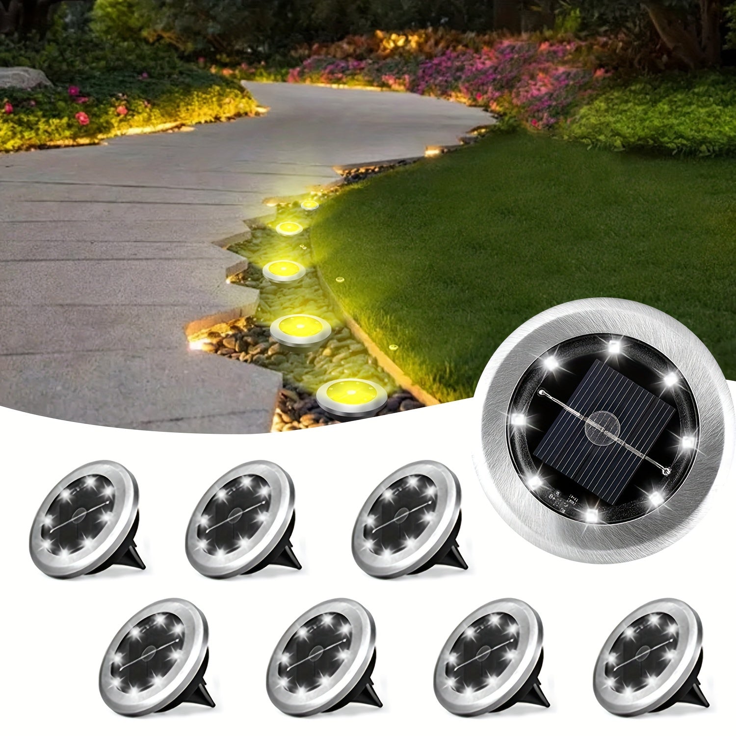 Spots Solaires de Sol Acier Inoxydable Ø12 cm – 8 LED, IP65, Recharge Solaire