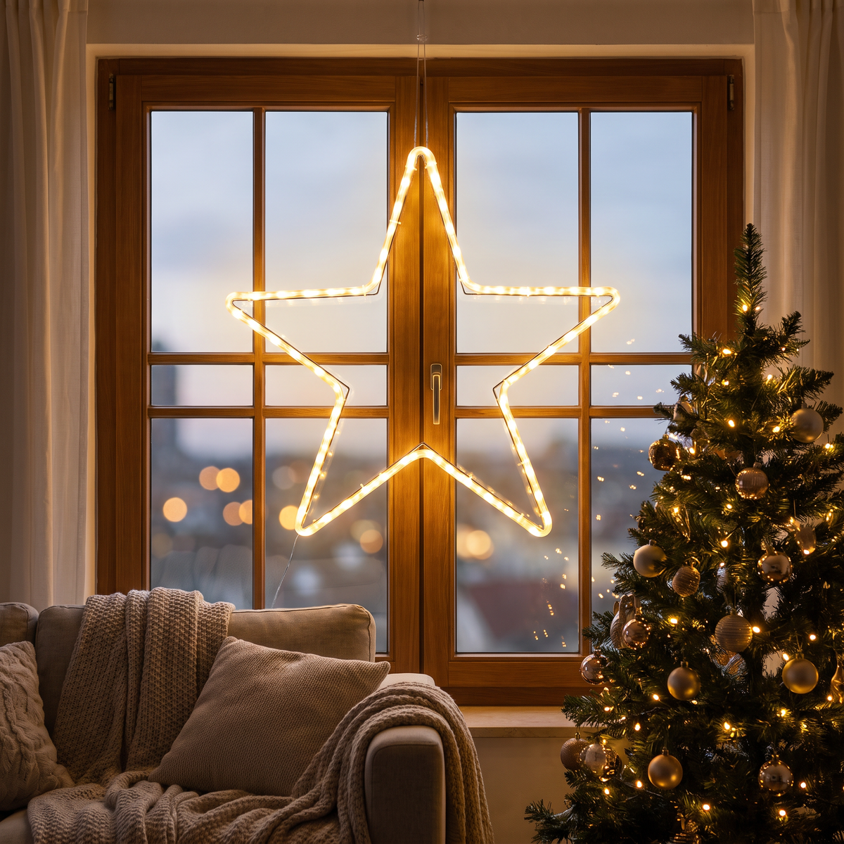 Étoile lumineuse LED 55 cm pour fenêtre avec minuterie, blanc chaud, intérieur et extérieur