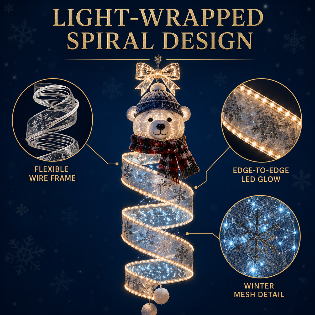 Spirale Lumineuse de Noël à Suspendre | Décoration LED Ours Polaire, Étoile ou Nœud