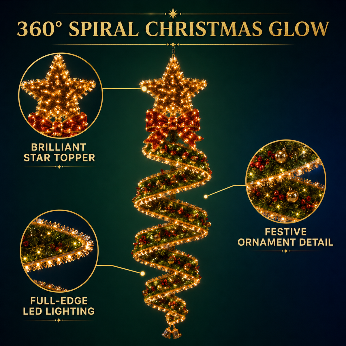 Spirale Lumineuse de Noël à Suspendre | Décoration LED Ours Polaire, Étoile ou Nœud