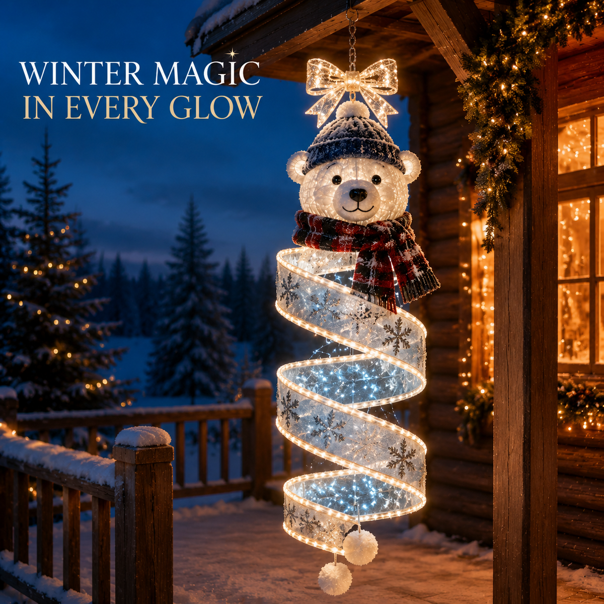 Spirale Lumineuse de Noël à Suspendre | Décoration LED Ours Polaire, Étoile ou Nœud