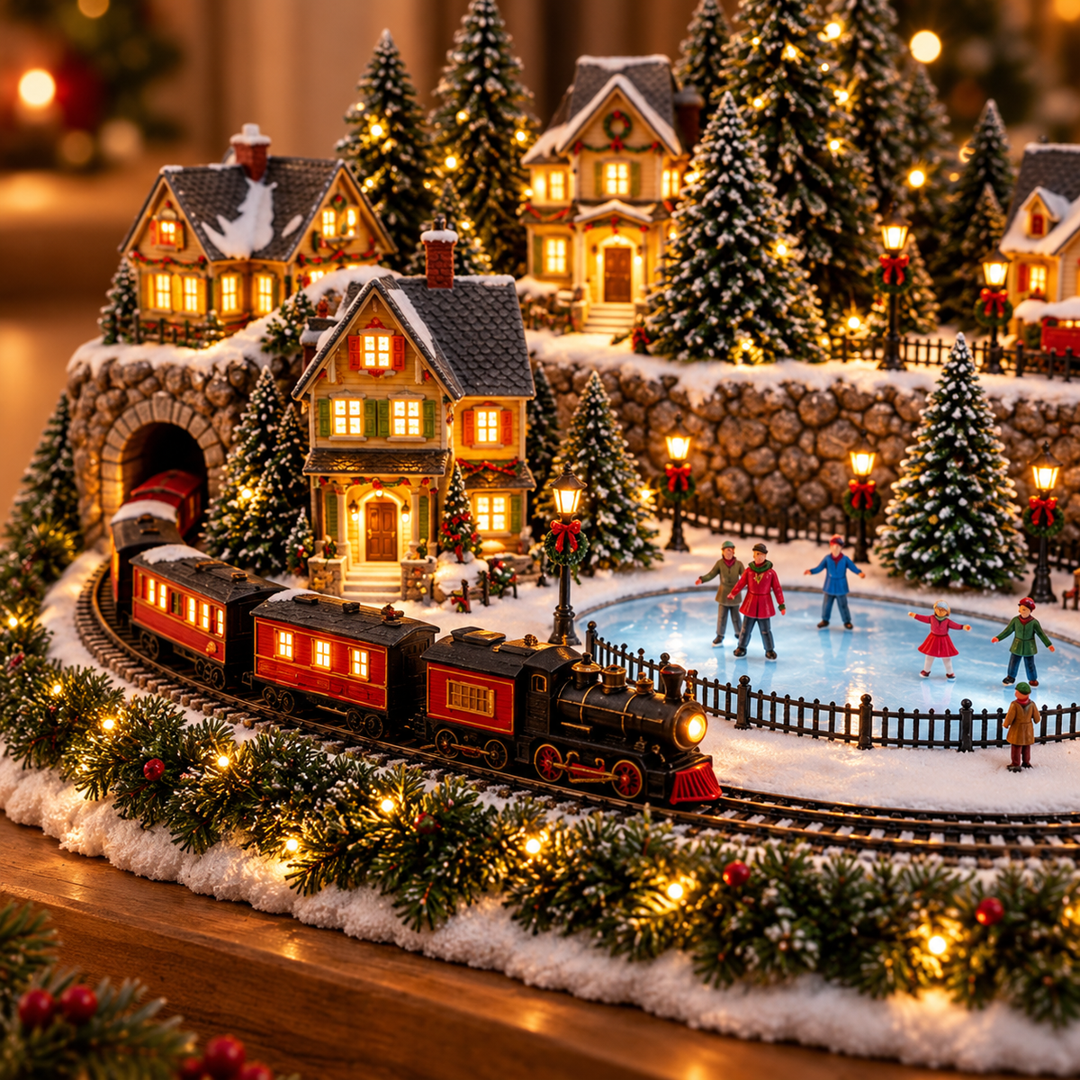 Village de Noël avec train animé et patinoire – Scène d’hiver lumineuse LED avec musique