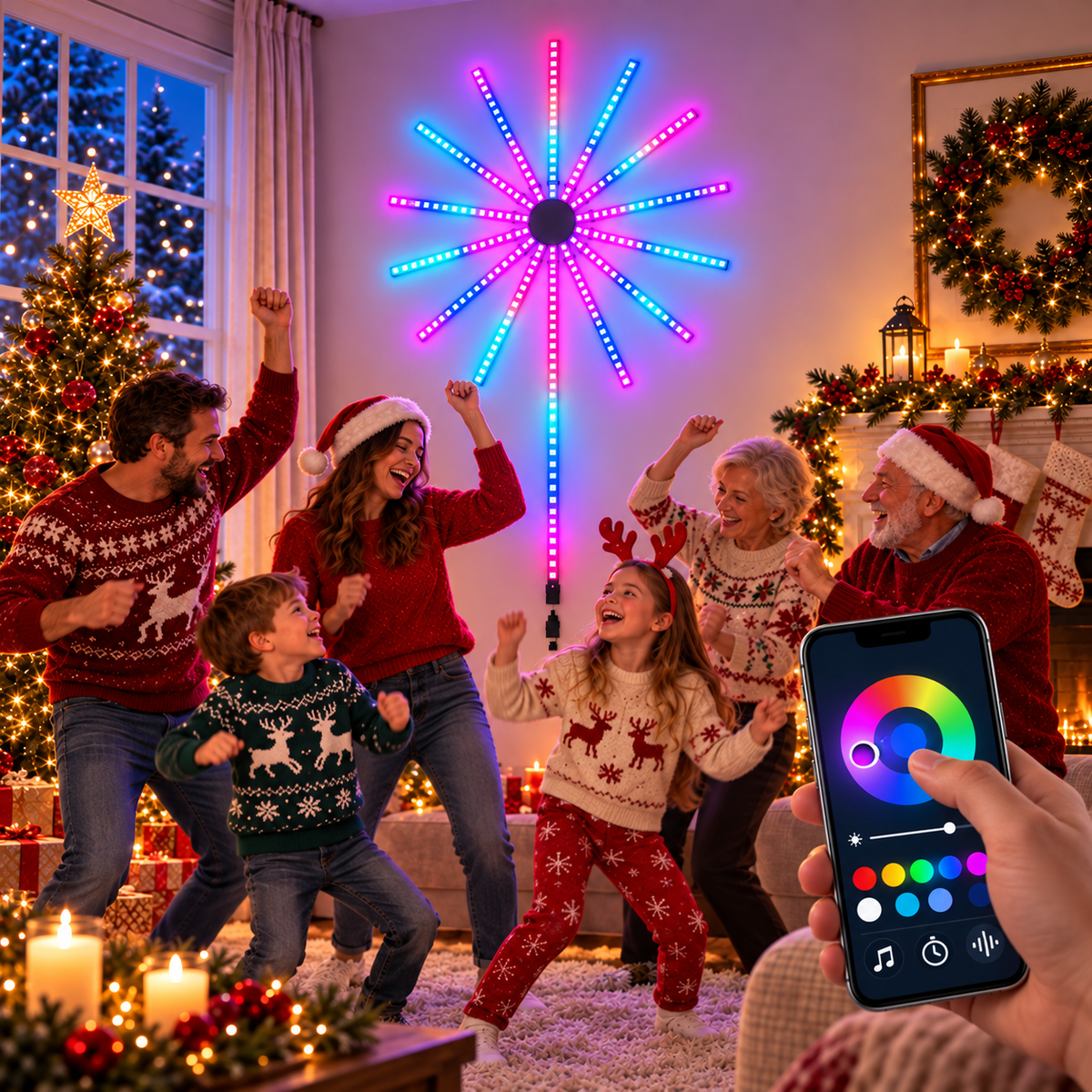 Lampe LED Feu d'Artifice Connectée | Contrôle par Application & Synchronisation Musicale