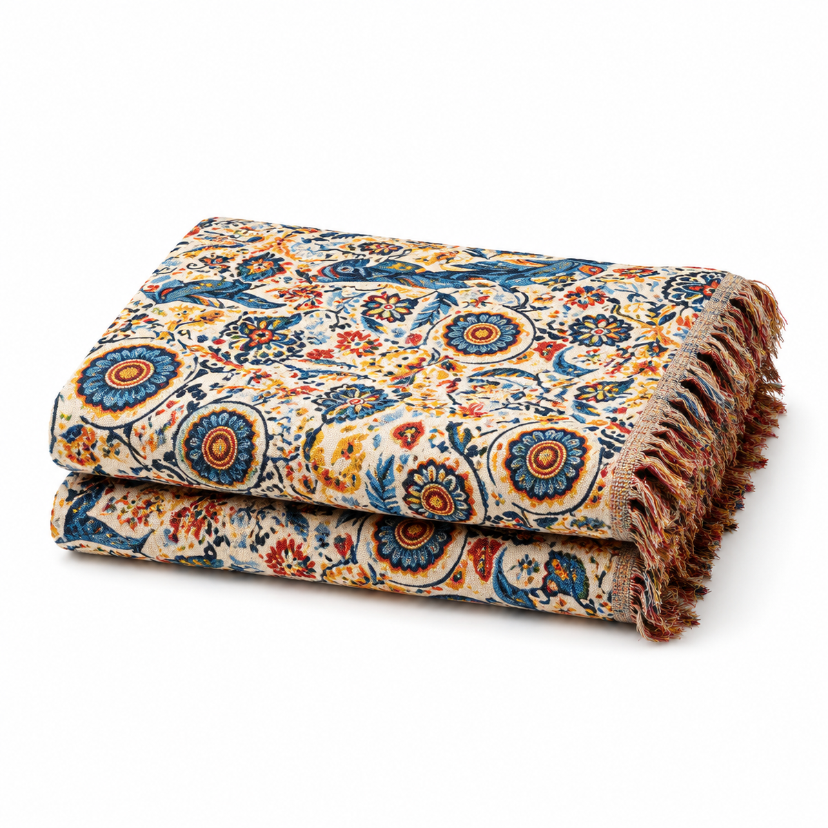 Couverture en Coton Motif Floral et Oiseau Tissage Léger