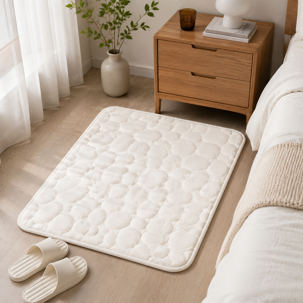 Tapis de Bain Velours Corail Polyester Beige 60x90 cm – Absorbant, Base PVC, Lavable