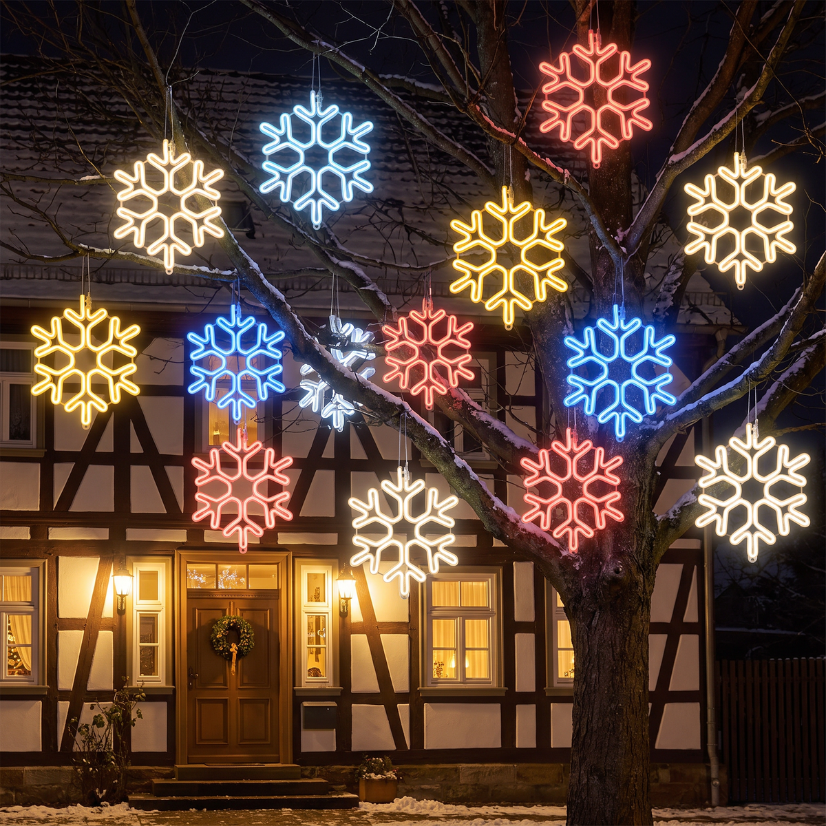 Flocon de neige LED à suspendre pour l’extérieur, décoration lumineuse néon pour arbre et balcon