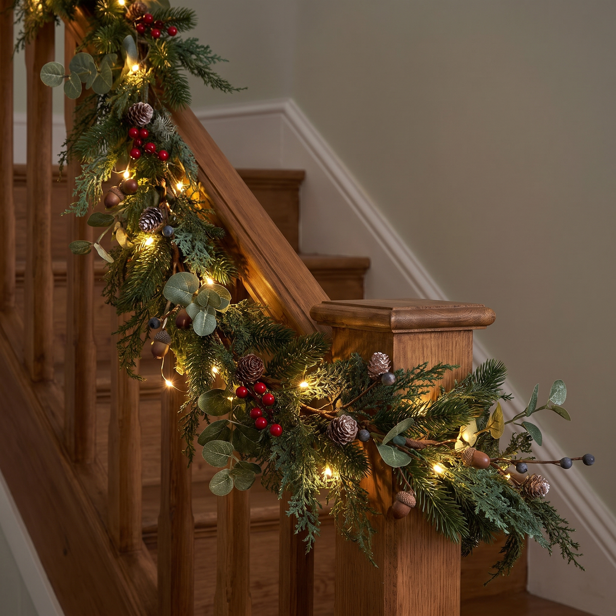 Guirlande de Noël lumineuse 2 m, guirlande de sapin avec baies et pommes de pin et minuterie