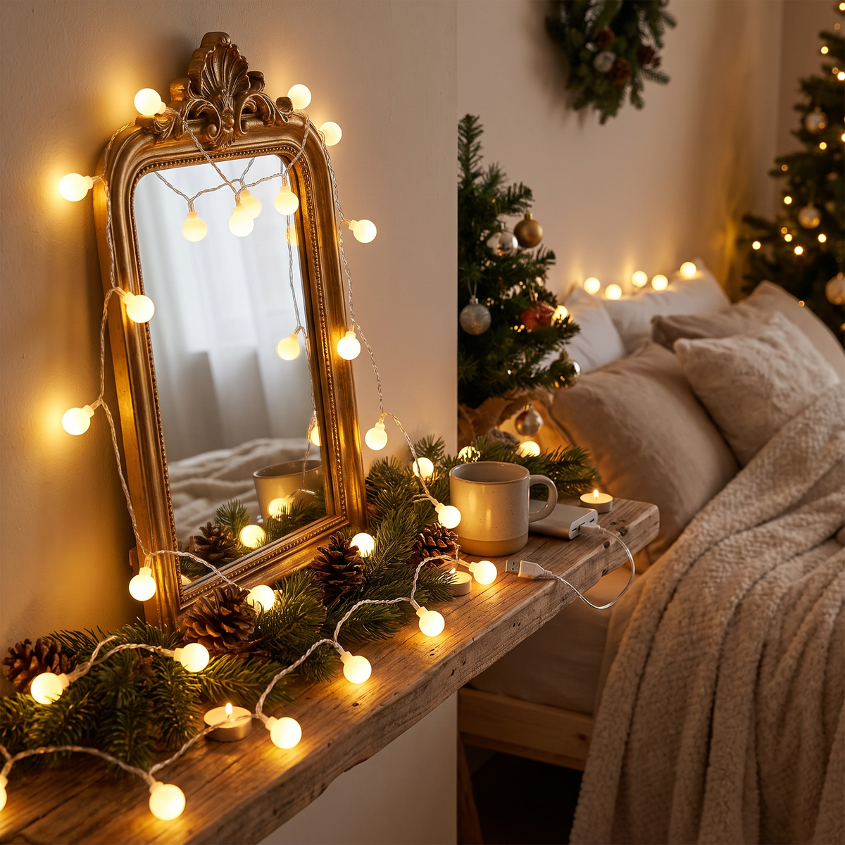 Guirlande lumineuse à petites boules USB, guirlande boules LED blanc chaud ou blanc froid