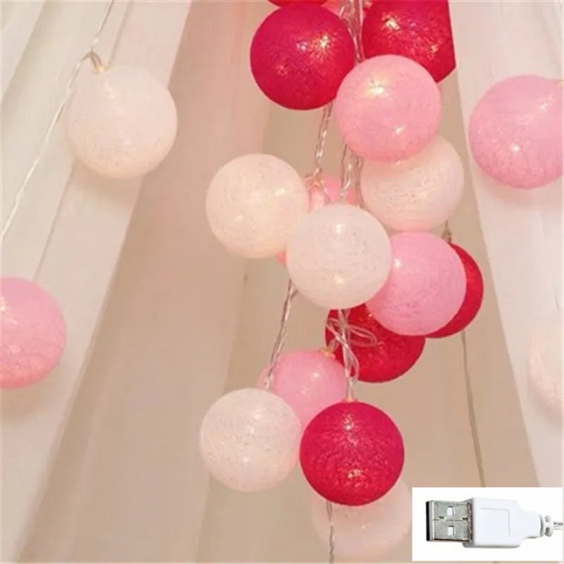 Guirlande lumineuse boules de coton USB, guirlande LED à boules en cinq couleurs