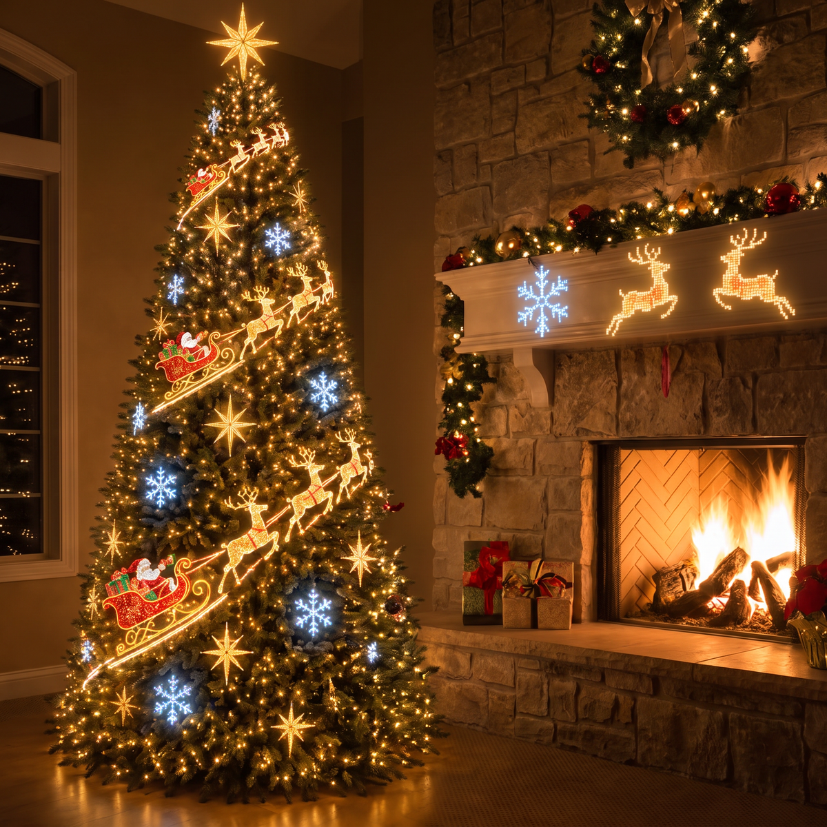 Guirlande lumineuse connectée pour sapin avec application, rideau LED pixel à motifs animés