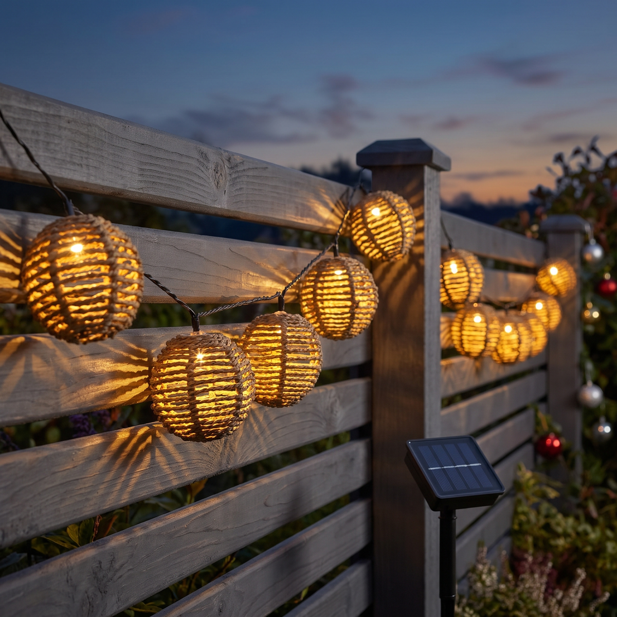 Guirlande solaire boules en rotin, 10 LED blanc chaud pour jardin et balcon