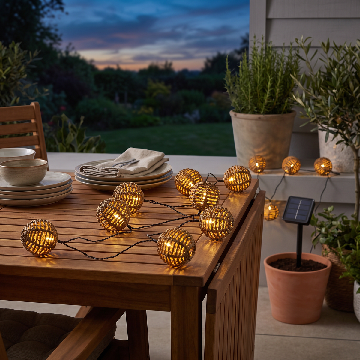 Guirlande solaire boules en rotin, 10 LED blanc chaud pour jardin et balcon