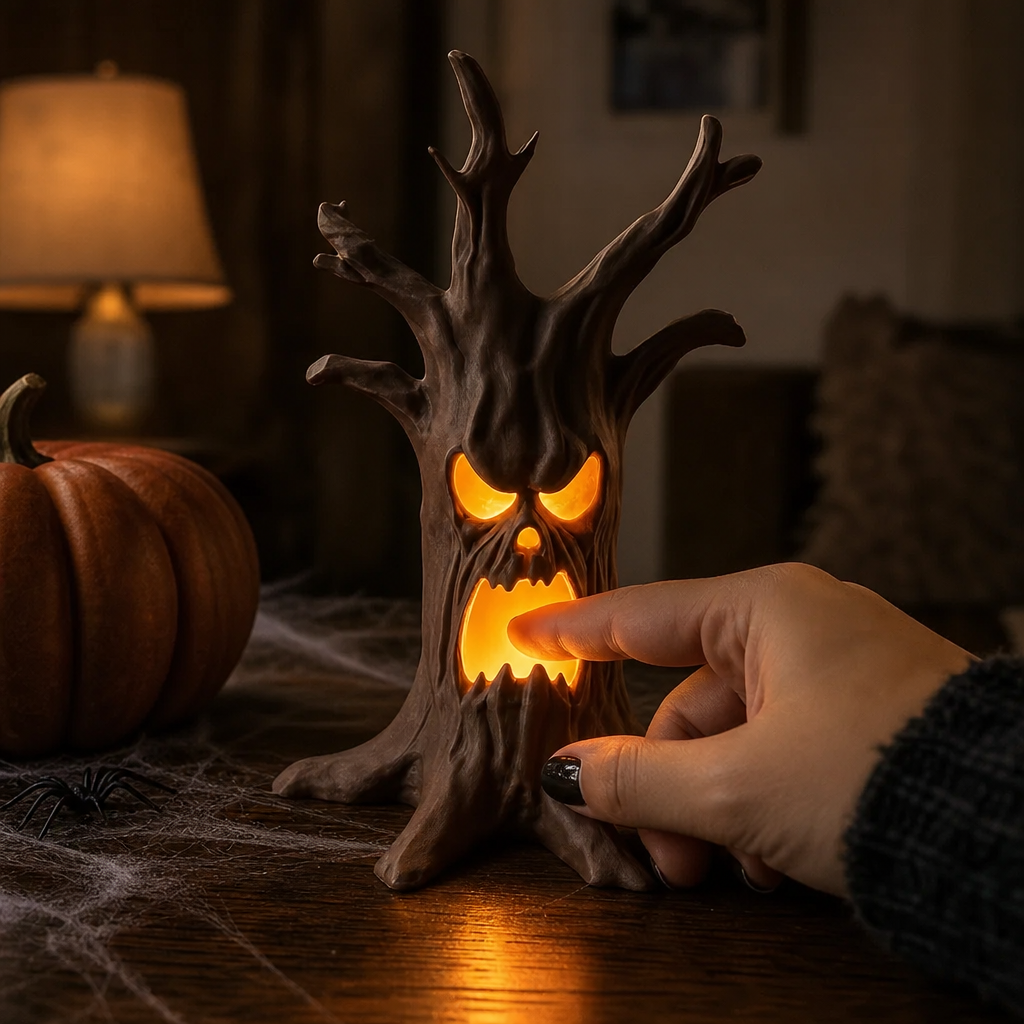 Hollowyn – Tronc d'arbre avec visage sculpté lumineux