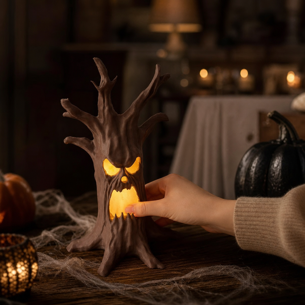 Hollowyn – Tronc d'arbre avec visage sculpté lumineux