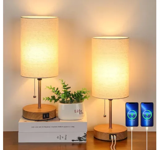 LinnenLuxe – Lot de 2 lampes de table modernes avec USB et prise secteur