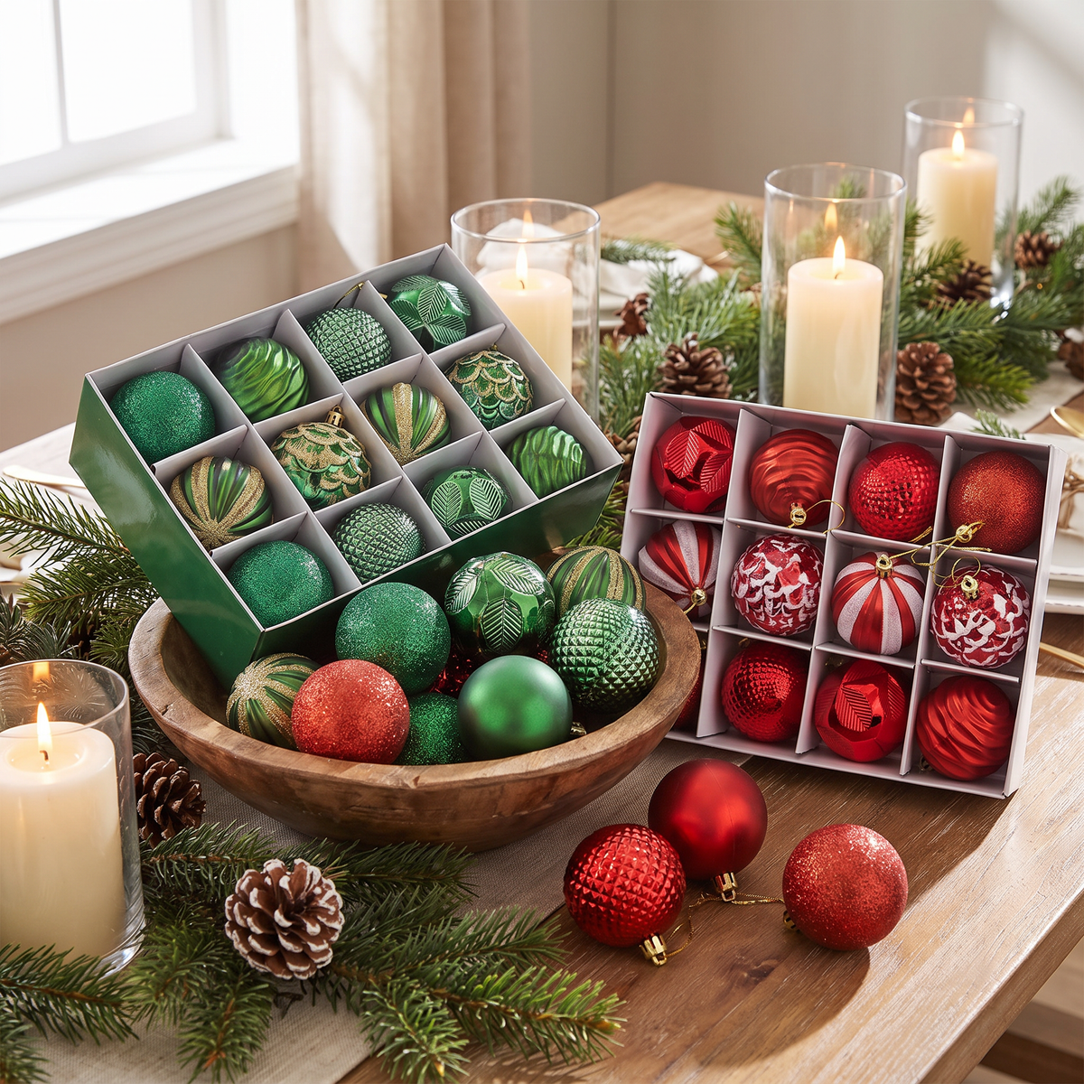Lot de 24 boules de Noël incassables 6 cm, boules de sapin en cinq couleurs