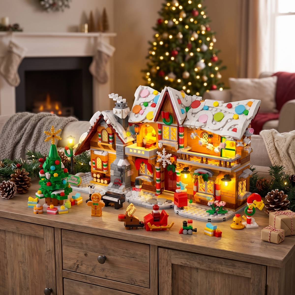 Maison en pain d'épices à construire avec lumière LED, village de Noël en briques 3 en 1, dès 8 ans