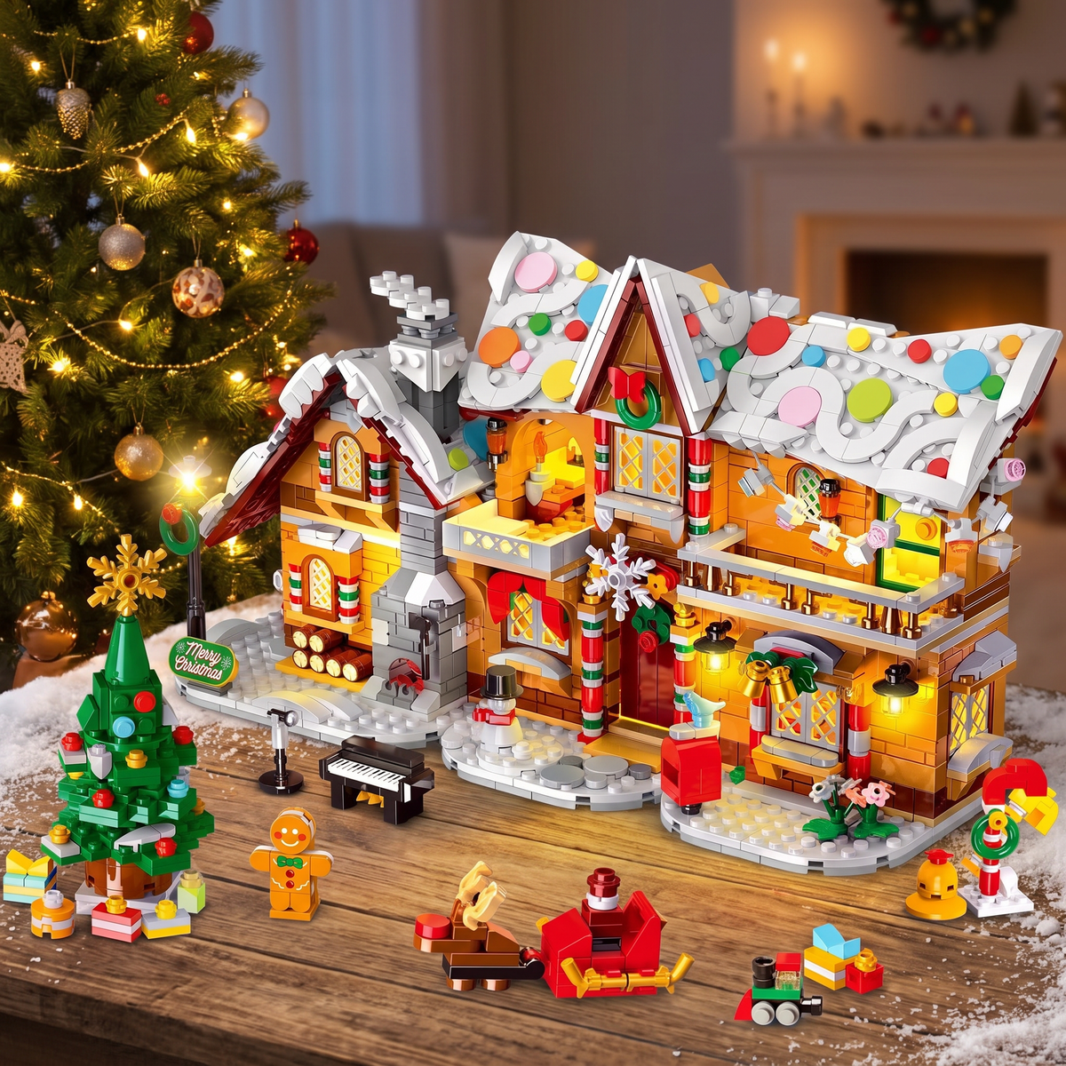 Maison en pain d'épices à construire avec lumière LED, village de Noël en briques 3 en 1, dès 8 ans