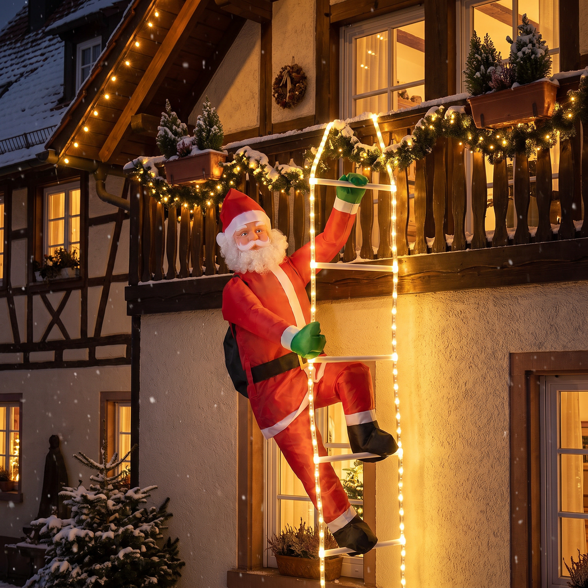 Père Noël sur échelle lumineuse 240 cm XXL avec 120 LED, minuteur et télécommande