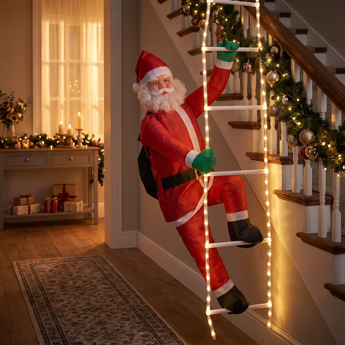 Père Noël sur échelle lumineuse 240 cm XXL avec 120 LED, minuteur et télécommande