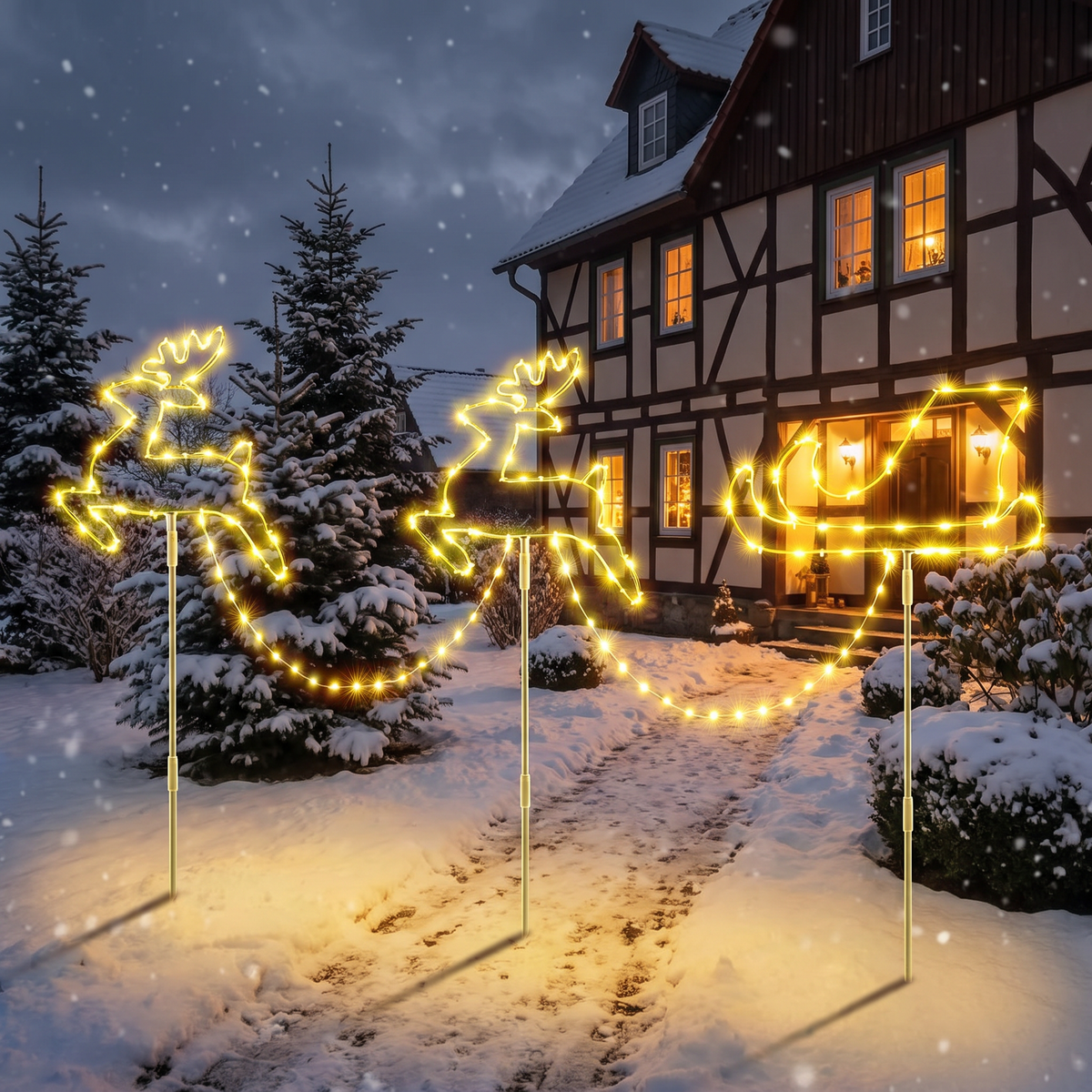 Piquets de jardin LED rennes avec traîneau, 129 LED, éclairage de Noël extérieur avec minuteur