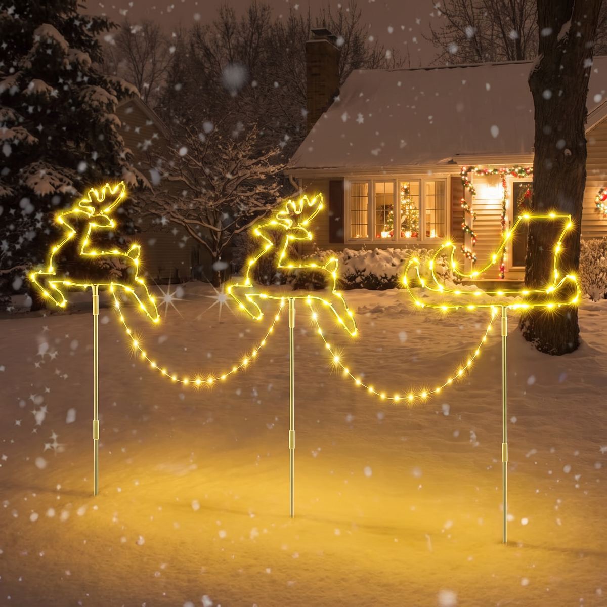 Piquets de jardin LED rennes avec traîneau, 129 LED, éclairage de Noël extérieur avec minuteur