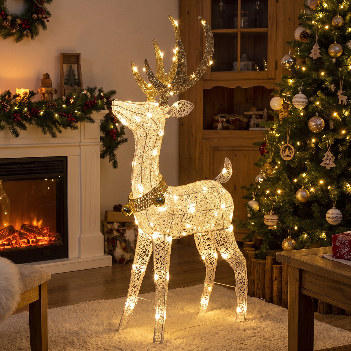 Renne lumineux LED 120 cm doré et blanc avec 70 LED, intérieur et extérieur