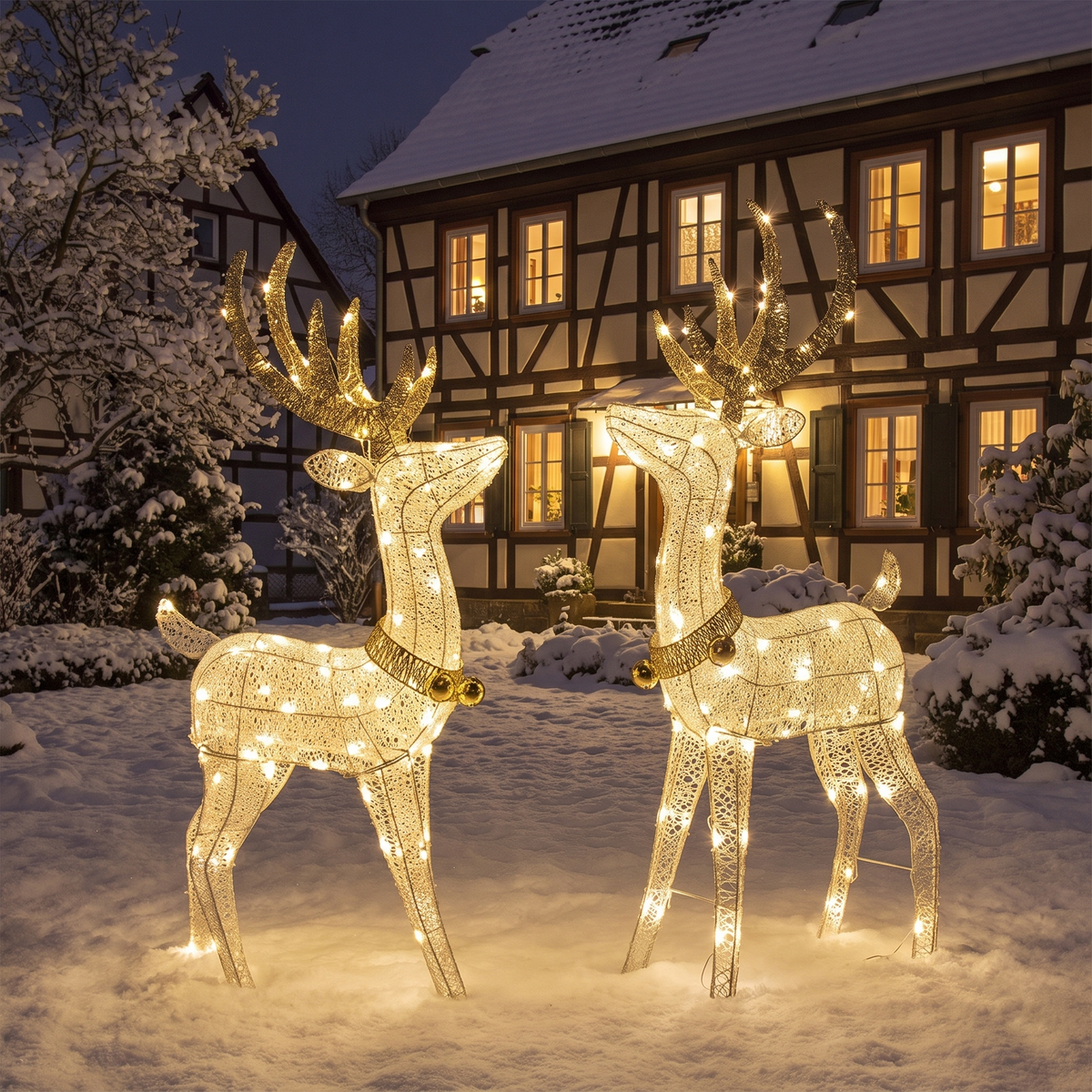 Renne lumineux LED 120 cm doré et blanc avec 70 LED, intérieur et extérieur