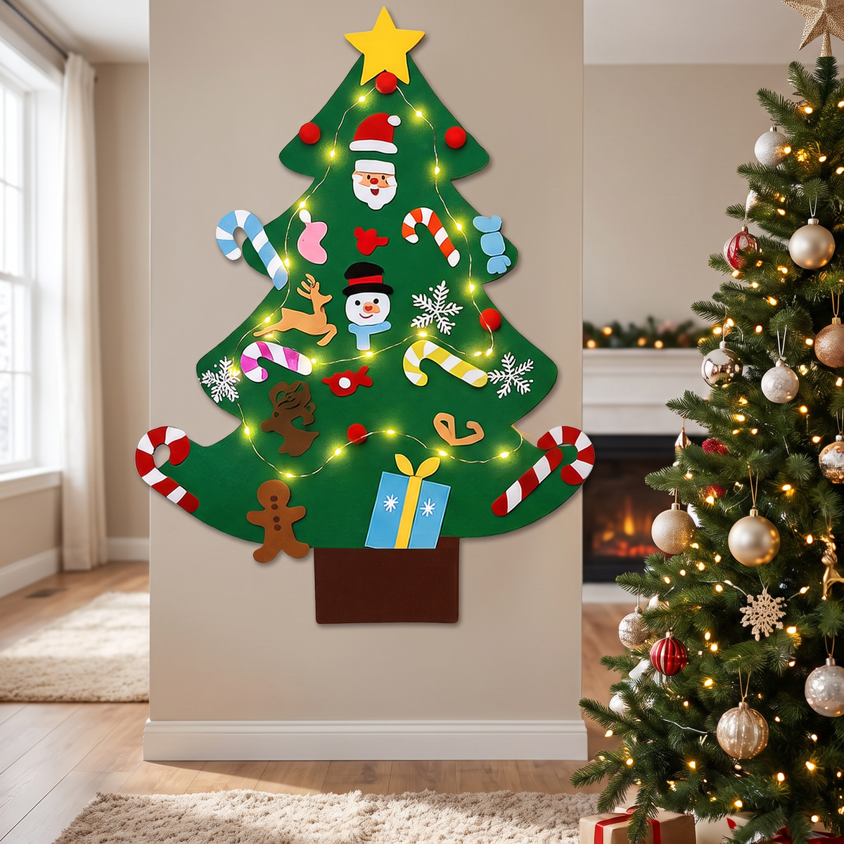 Sapin de Noël en feutrine pour enfant 95 cm avec guirlande lumineuse et 26 ornements à scratch