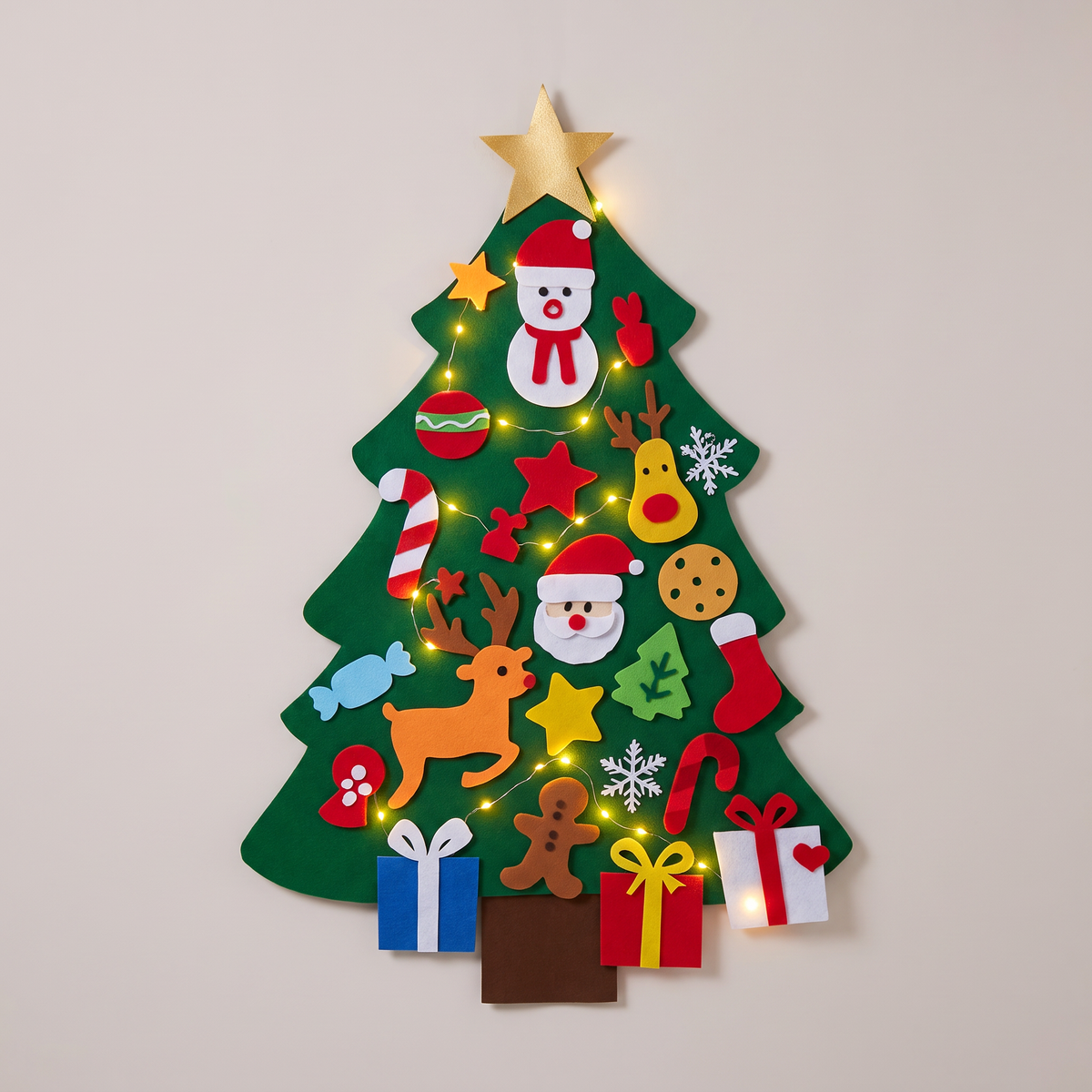 Sapin de Noël en feutrine pour enfant 95 cm avec guirlande lumineuse et 26 ornements à scratch