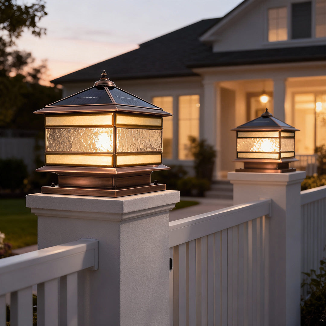 Lampadaire design extérieur solaire LED blanc chaud étanche cuivre décoratif vintage pour jardin