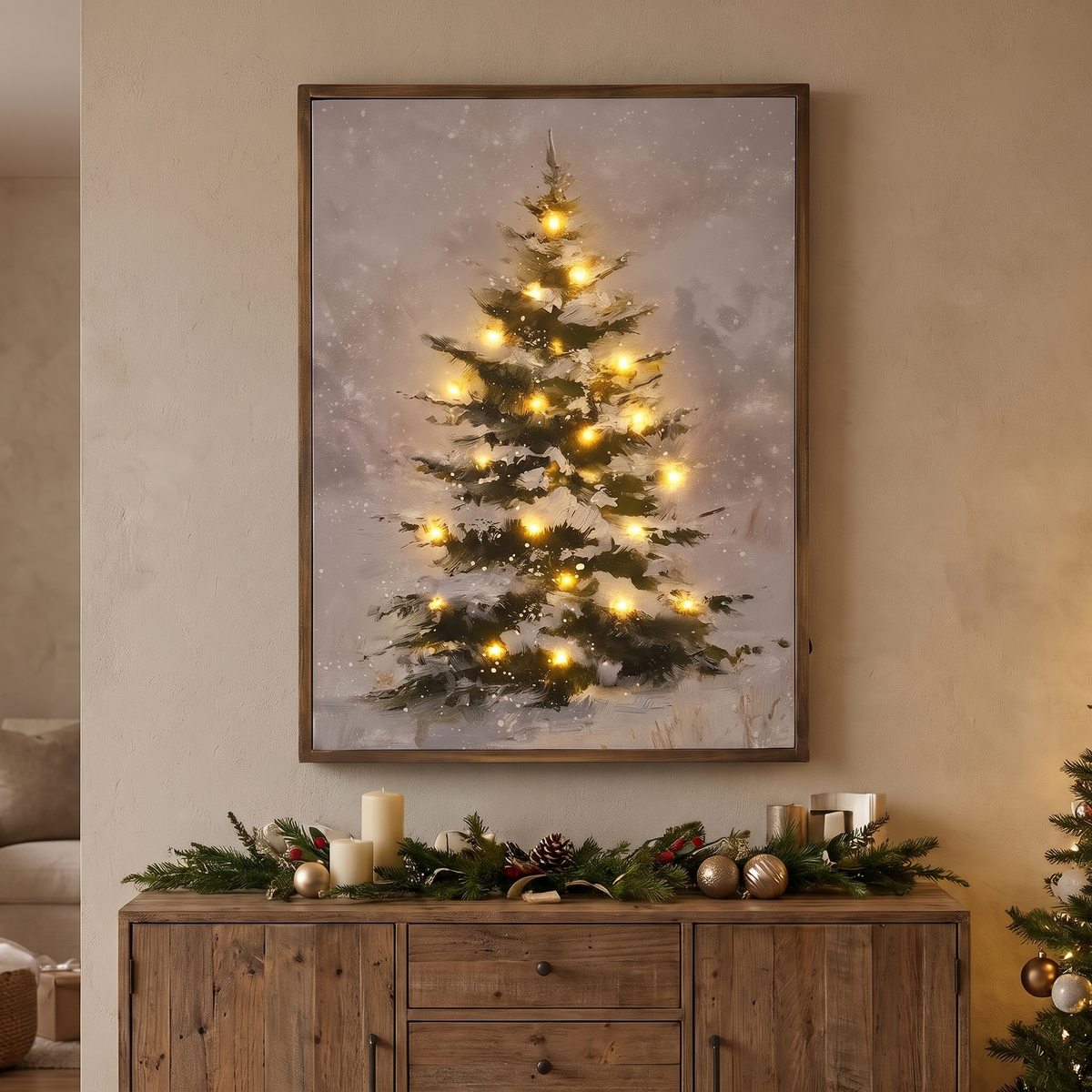 Tableau lumineux LED sur toile, sapin enneigé 45 × 60 cm avec cadre en bois et minuterie