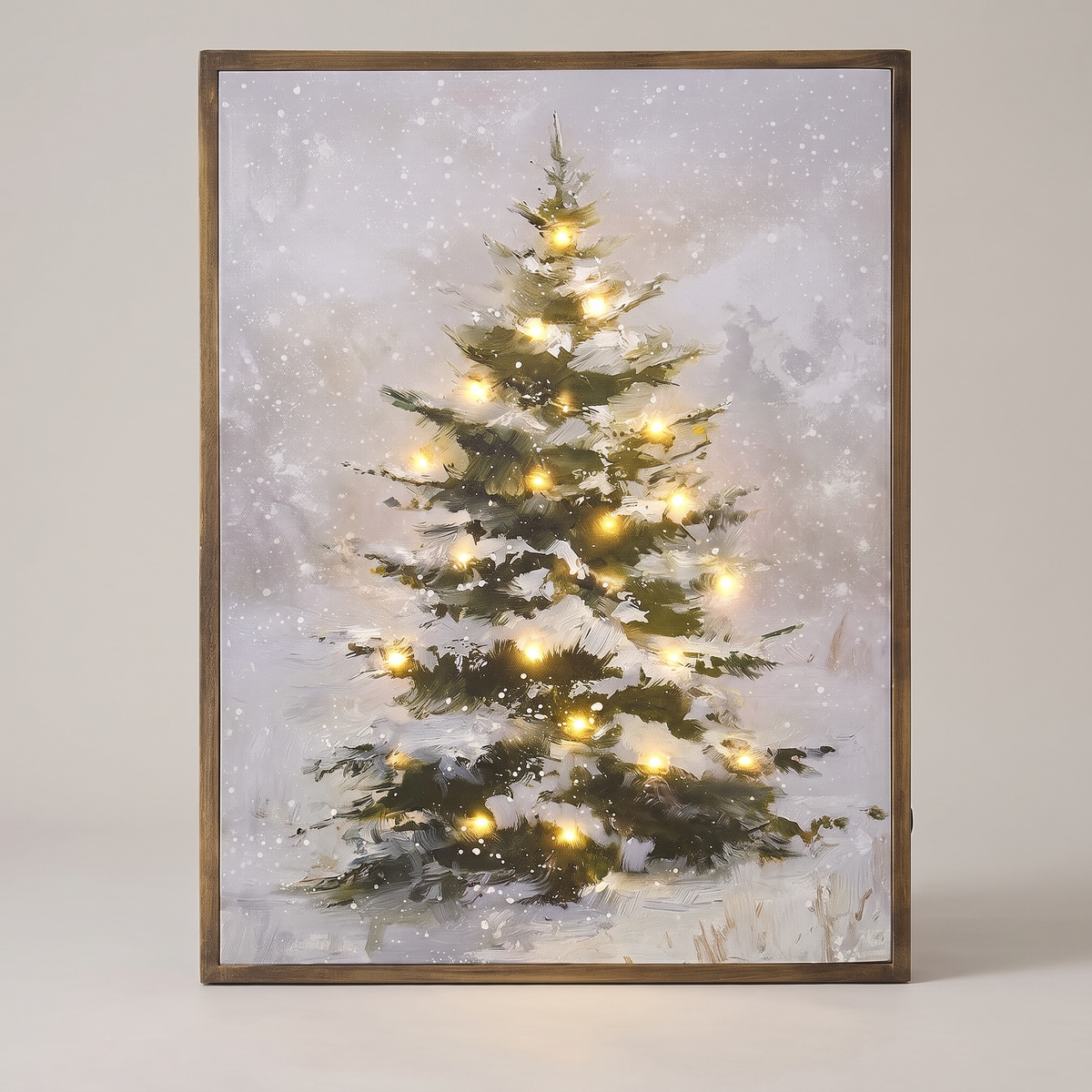 Tableau lumineux LED sur toile, sapin enneigé 45 × 60 cm avec cadre en bois et minuterie