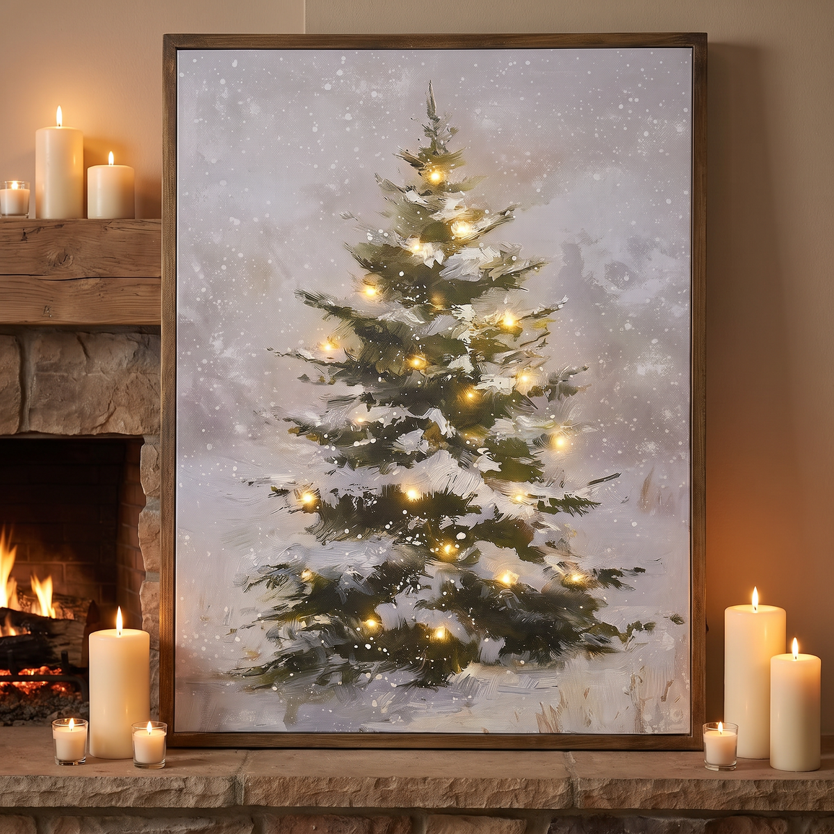 Tableau lumineux LED sur toile, sapin enneigé 45 × 60 cm avec cadre en bois et minuterie
