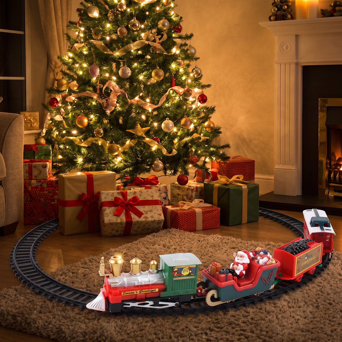 Train de Noël électrique pour le sapin, train avec Père Noël et circuit de rails