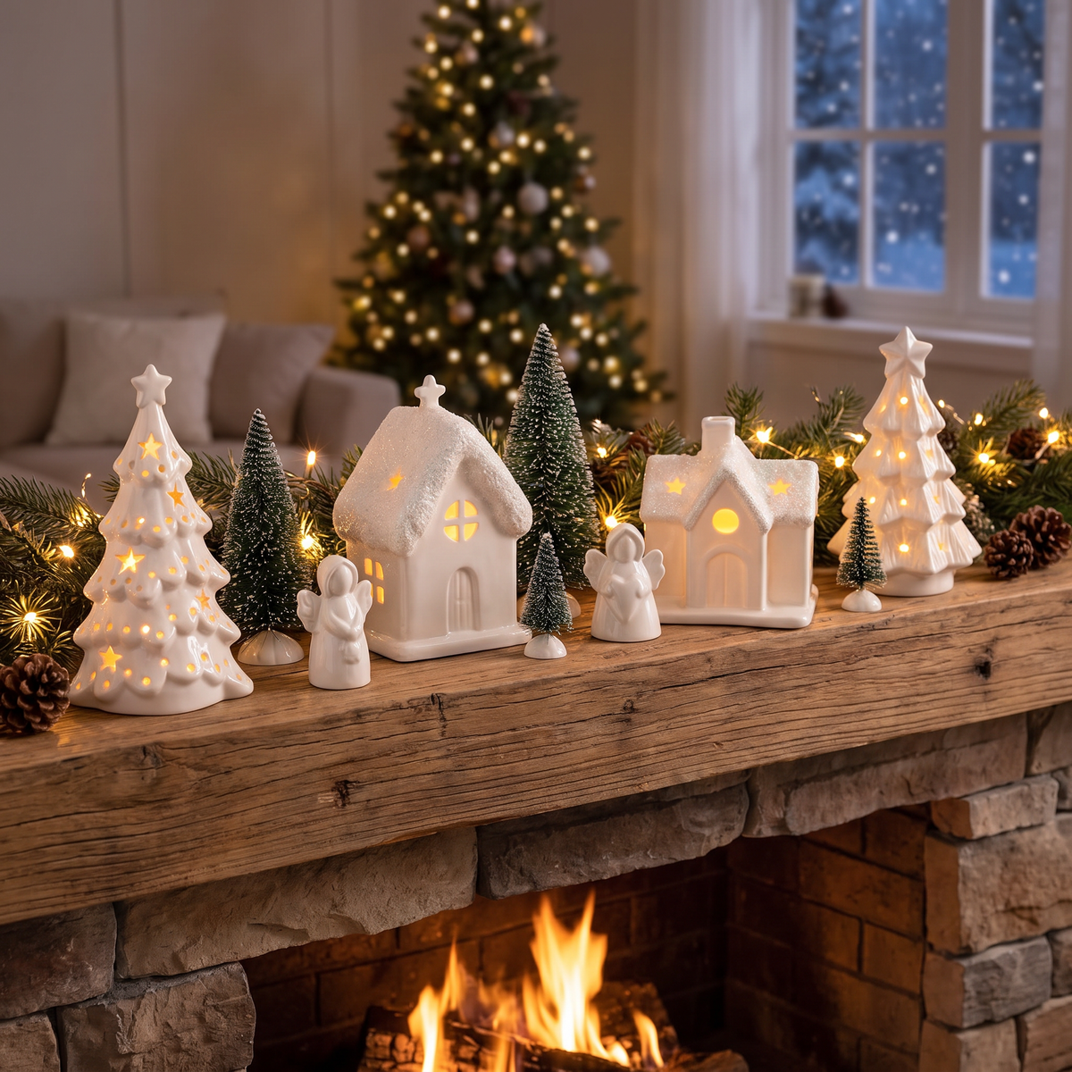 Village de Noël en céramique 12 pièces avec éclairage, maisons blanches, anges et sapins
