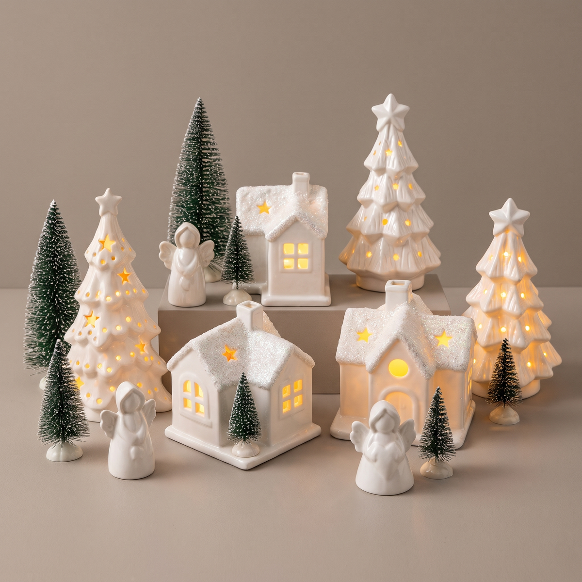 Village de Noël en céramique 12 pièces avec éclairage, maisons blanches, anges et sapins