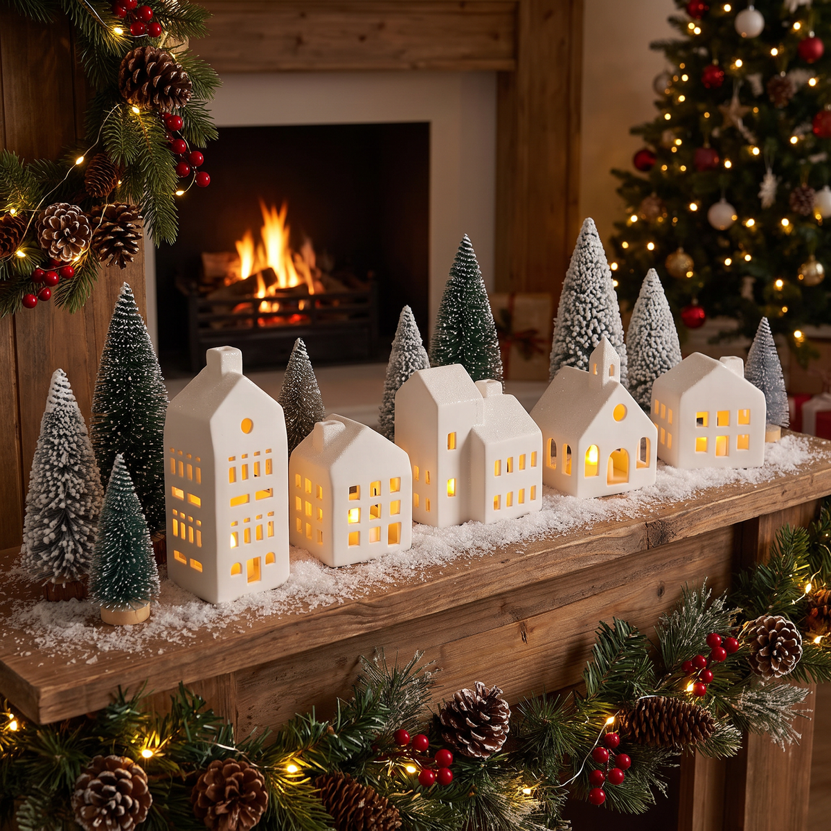 Village de Noël en céramique lumineux, 5 maisons blanches et 9 sapins avec télécommande