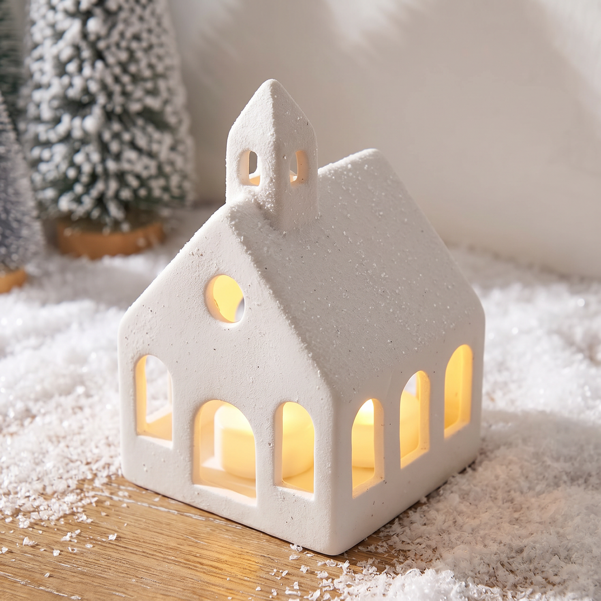 Village de Noël en céramique lumineux, 5 maisons blanches et 9 sapins avec télécommande