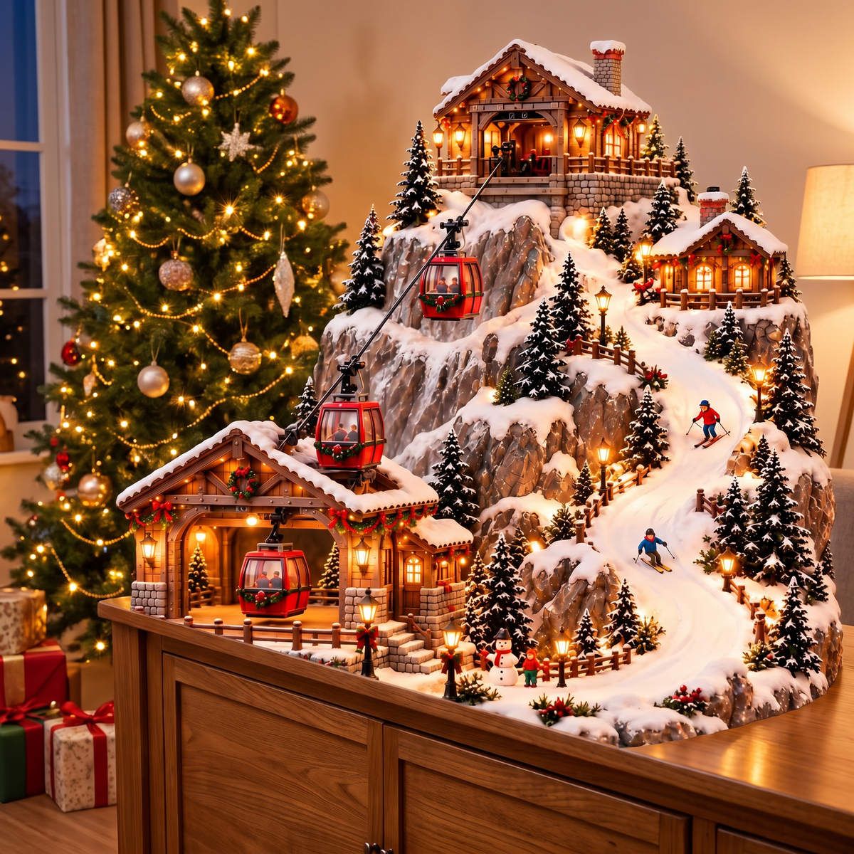Village de Noël montagne avec téléphérique et piste de ski animés, scène d’hiver lumineuse