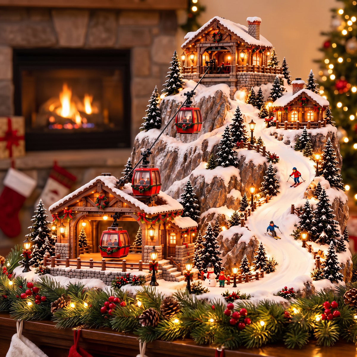 Village de Noël montagne avec téléphérique et piste de ski animés, scène d’hiver lumineuse